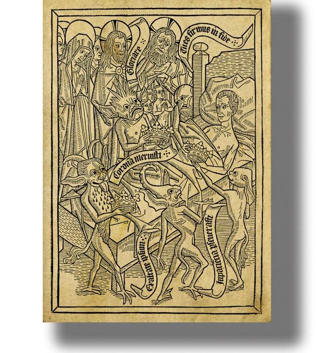 Medieval woodcut showing angels and demons around a dying man as they struggle for his soul.