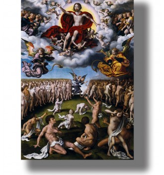 Religious painting showing Christ in the clouds above angels, saved souls, and people driven toward Hell.