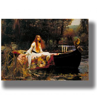 The Lady of Shalott sitting in a boat on the water, painting by John William Waterhouse.