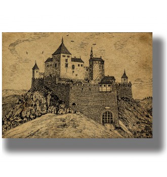 Vintage-style ink illustration of Cachtice Castle on a hill, gothic fortress print
