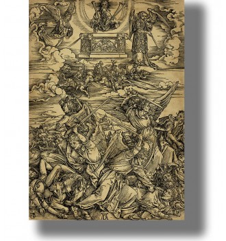 Vintage biblical woodcut scene with angels in battle, fallen figures below, and God above in the clouds.