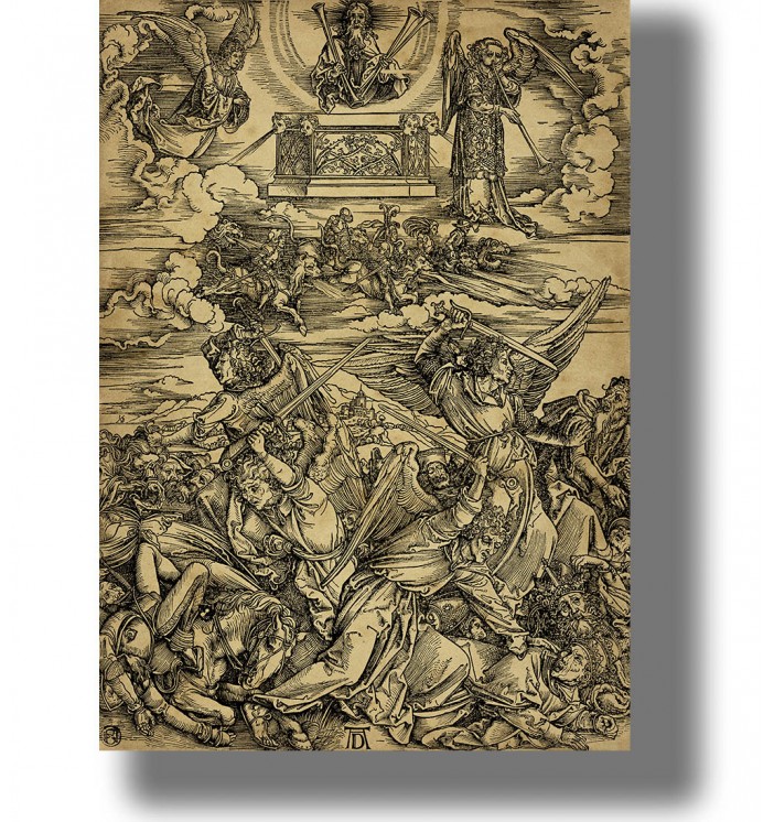 Vintage biblical woodcut scene with angels in battle, fallen figures below, and God above in the clouds.
