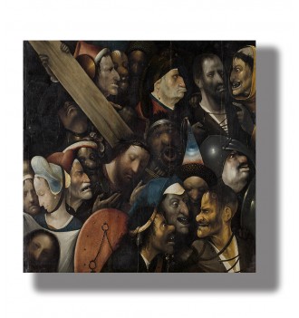 Old painting showing Christ carrying the cross surrounded by a crowd of grotesque faces.