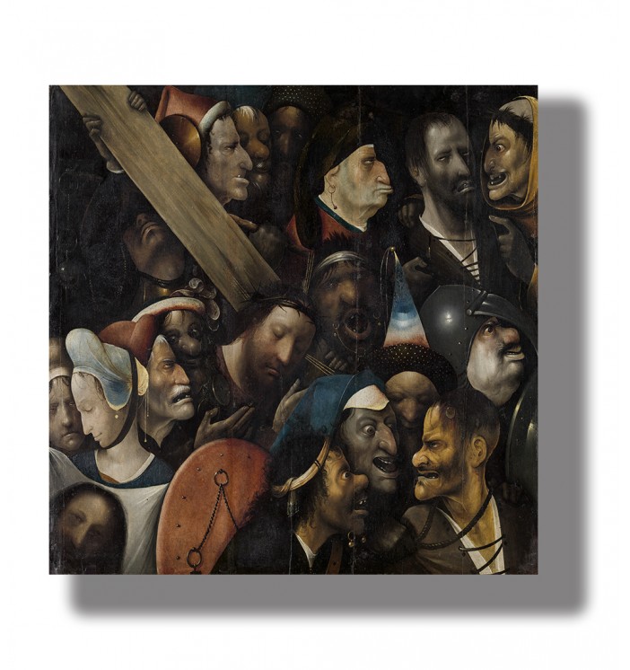 Old painting showing Christ carrying the cross surrounded by a crowd of grotesque faces.