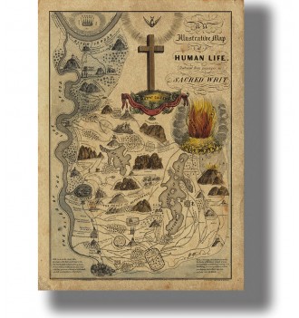 Old religious allegorical map showing the path of human life through Christian symbols, roads, rivers, mountains and fire