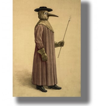 Historical plague doctor in a long robe and beaked mask, vintage medical illustration.