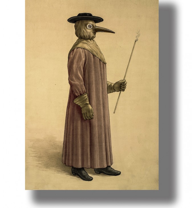 Historical plague doctor in a long robe and beaked mask, vintage medical illustration.