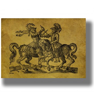 Old illustration showing two armored knights fighting with swords on horseback.
