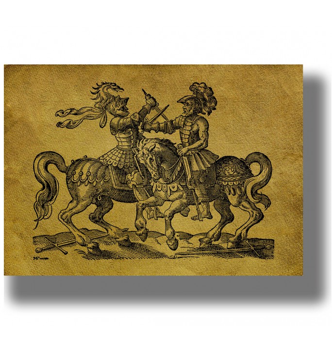 Old illustration showing two armored knights fighting with swords on horseback.