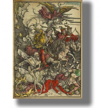 Historical engraving by Albrecht Dürer of the Four Horsemen of the Apocalypse from the Book of Revelation