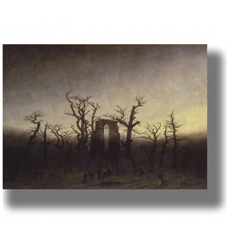 Caspar David Friedrich painting of a ruined abbey among bare oak trees at dusk, with a faint crescent moon.