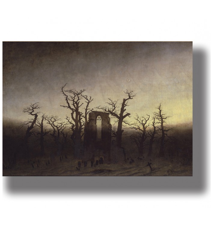Caspar David Friedrich painting of a ruined abbey among bare oak trees at dusk, with a faint crescent moon.