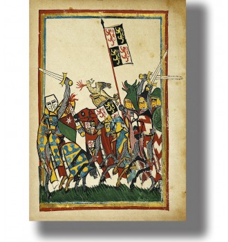 Medieval manuscript illustration showing armored knights fighting on horseback with swords and heraldic shields.