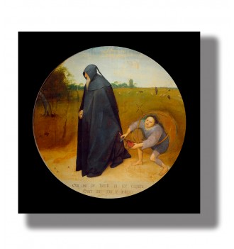 Old painting of a man in a dark cloak being robbed by a small figure inside a glass sphere.
