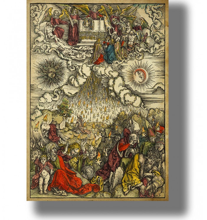 Dürer’s Opening of the Fifth and Sixth Seals: angels above as fire falls from heaven onto the crowd below.