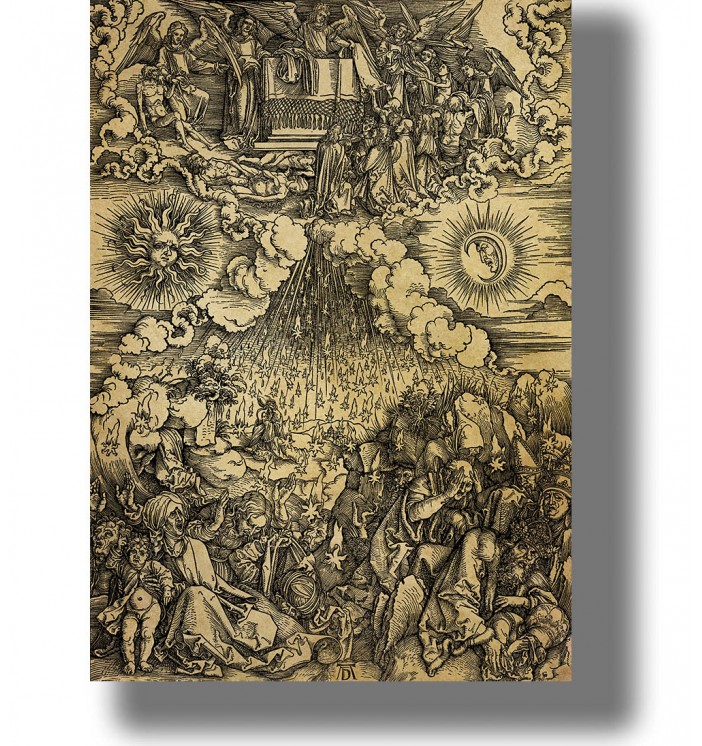 Dürer’s Opening of the Fifth and Sixth Seals: angels above as fire falls from heaven onto the crowd below.