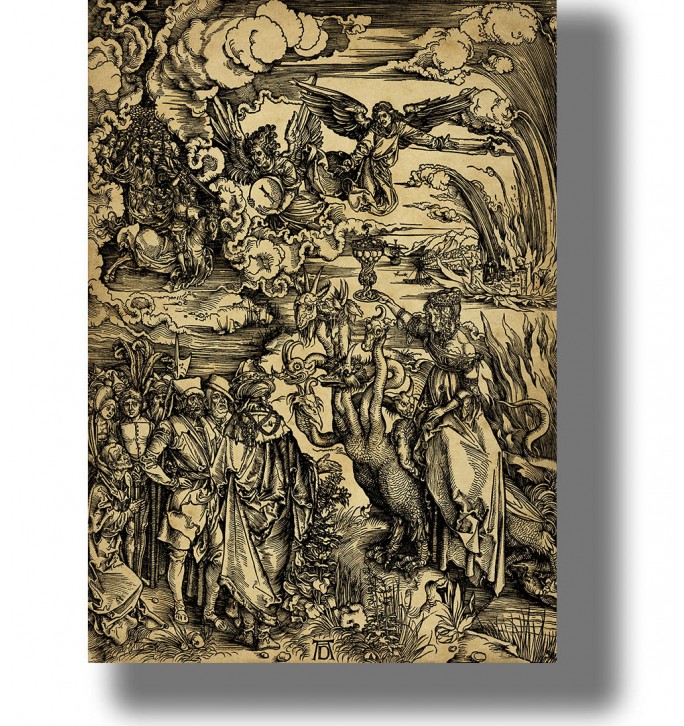 Albrecht Dürer woodcut showing the Whore of Babylon riding a seven-headed beast and holding a cup.