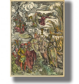 Albrecht Dürer woodcut showing the Whore of Babylon riding a seven-headed beast and holding a cup.