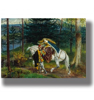 Romantic painting of a knight and a woman beside a black horse in a flowering landscape.
