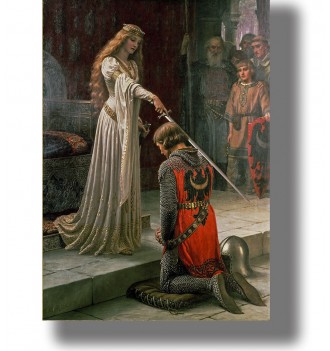 Romantic painting of a knighting ceremony with a woman touching a kneeling knight with a sword.