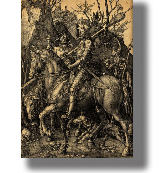 Albrecht Dürer engraving showing an armored knight on horseback beside Death and the Devil.