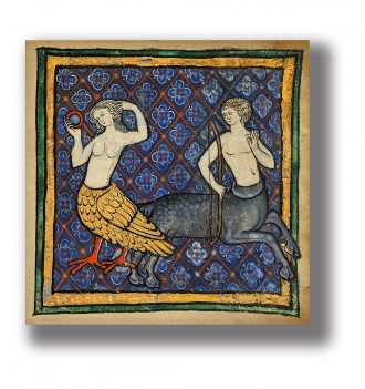 Medieval illustration of a siren and a centaur, vintage bestiary art poster