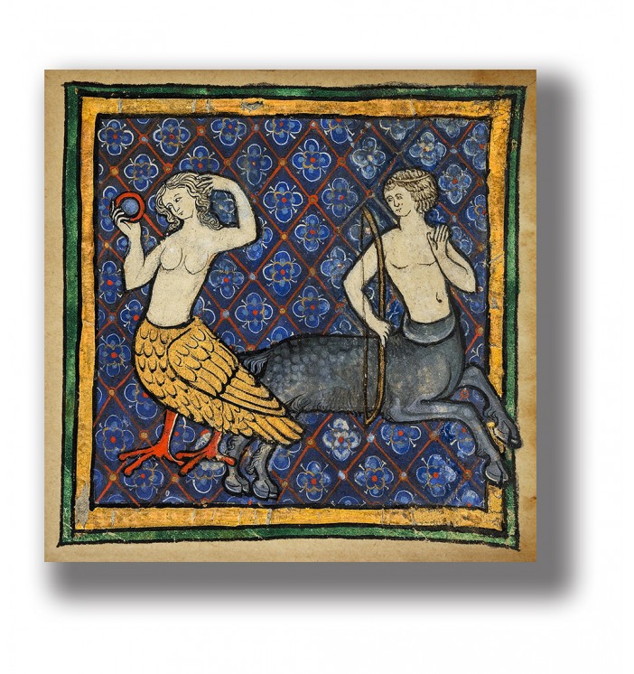 Medieval illustration of a siren and a centaur, vintage bestiary art poster