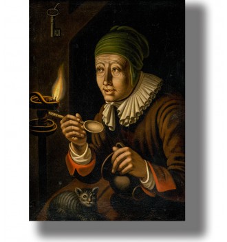 Old painting of a witch sitting beside a cat and holding a spoon near an oil lamp.