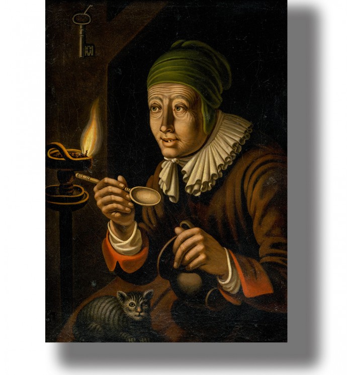 Old painting of a witch sitting beside a cat and holding a spoon near an oil lamp.