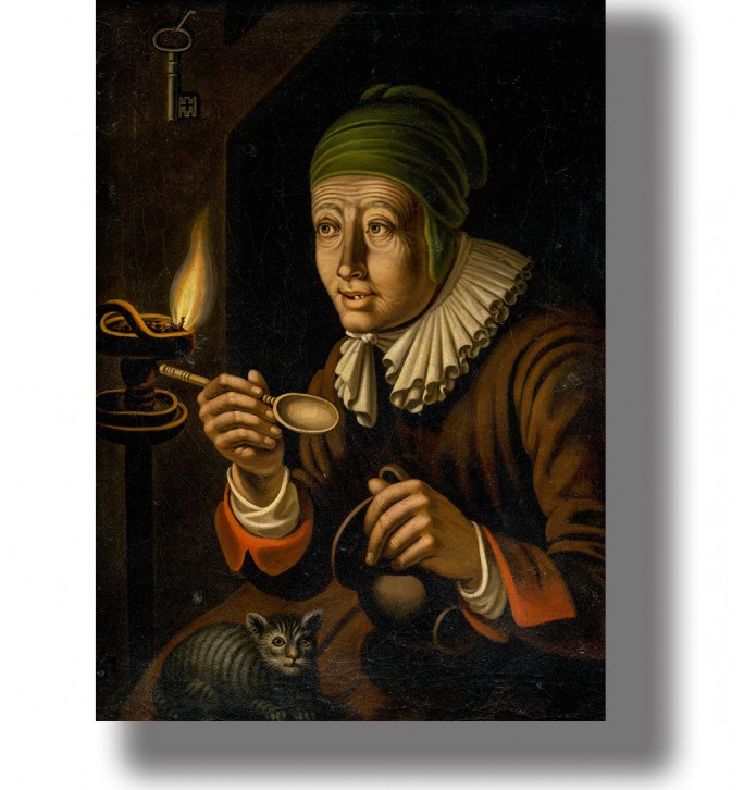 Old painting of a witch sitting beside a cat and holding a spoon near an oil lamp.