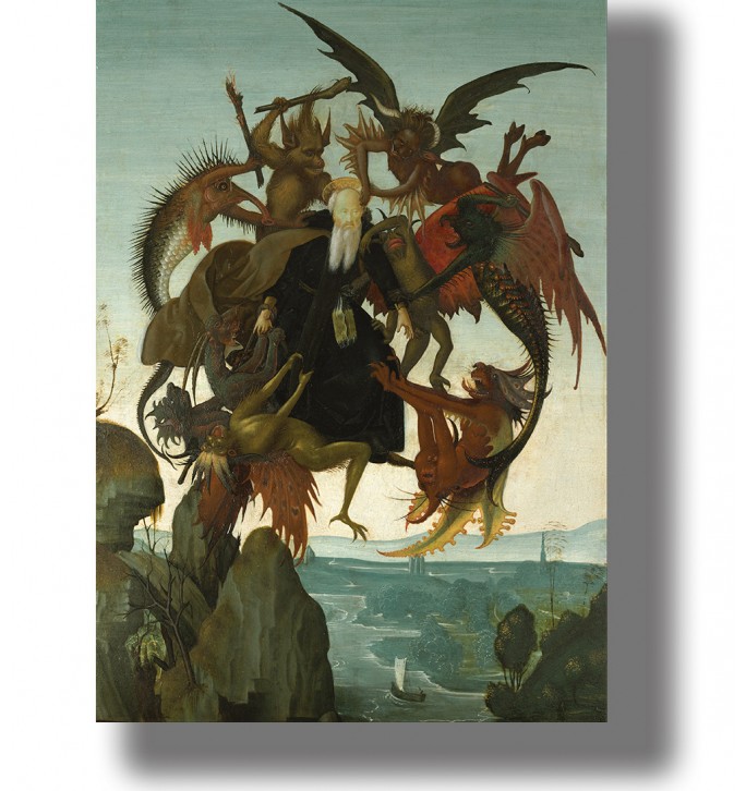 Old religious image of Saint Anthony attacked by strange flying demons above a landscape.