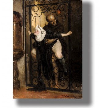 Painting showing a Catholic nun and monk having sex through an iron gate.
