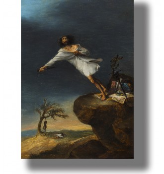 Romantic painting showing a desperate man jumping from a rocky cliff while holding a dagger beneath a dark sky.