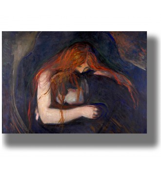 Expressionist painting of a red-haired woman bending over a man in a dark intimate scene by Edvard Munch.