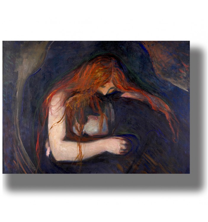 Expressionist painting of a red-haired woman bending over a man in a dark intimate scene by Edvard Munch.