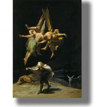 Goya artwork of witches flying through the darkness above a haunted scene.