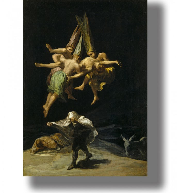 Goya artwork of witches flying through the darkness above a haunted scene.
