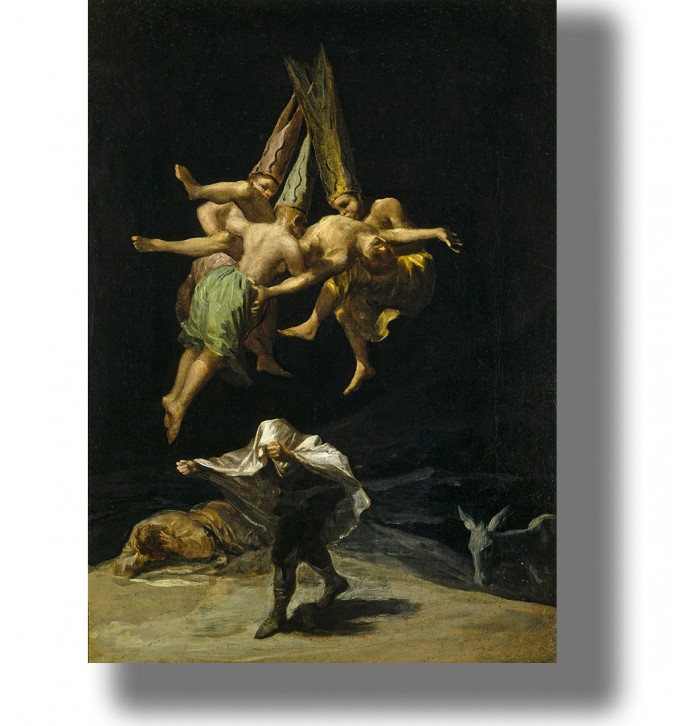 Goya artwork of witches flying through the darkness above a haunted scene.