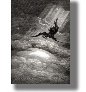 Dark engraving of Lucifer as the Morning Star descending through the sky and clouds.