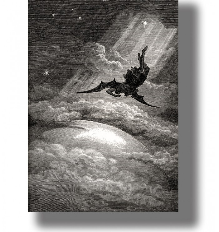 Dark engraving of Lucifer as the Morning Star descending through the sky and clouds.