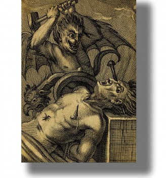 Old infernal illustration of a demon tormenting a sinner in hell with nails and monstrous creatures.