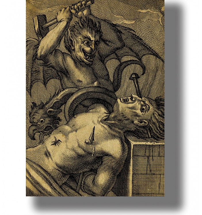 Old infernal illustration of a demon tormenting a sinner in hell with nails and monstrous creatures.