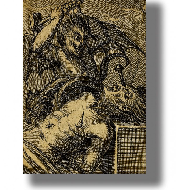 Old infernal illustration of a demon tormenting a sinner in hell with nails and monstrous creatures.