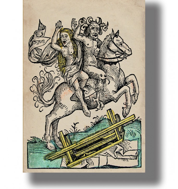 Old woodcut illustration of a witch and a horned devil riding a horse to the sabbath.