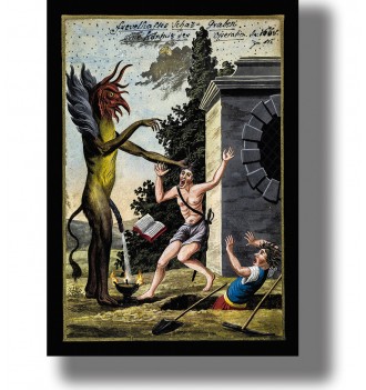 Old occult illustration of a failed necromantic ritual with a demon, frightened men, and ritual fire.