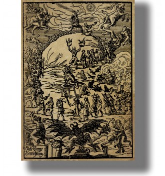 Antique witchcraft illustration of a sabbath scene on Brocken Mountain with devils and ritual figures.