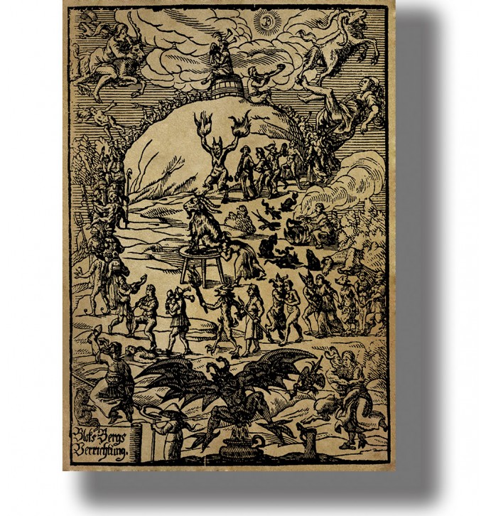 Antique witchcraft illustration of a sabbath scene on Brocken Mountain with devils and ritual figures.