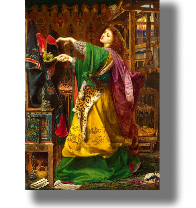 Painting of Morgan le Fay in a green and gold dress casting a spell in a richly detailed interior.