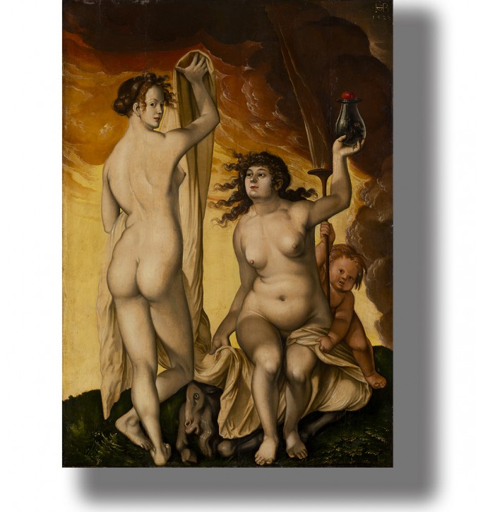 Old artwork of two nude witches with a goat in a strange and sensual witchcraft scene.