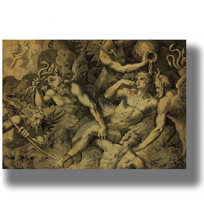 engraving showing a naked man surrounded by devils and serpents in hell.